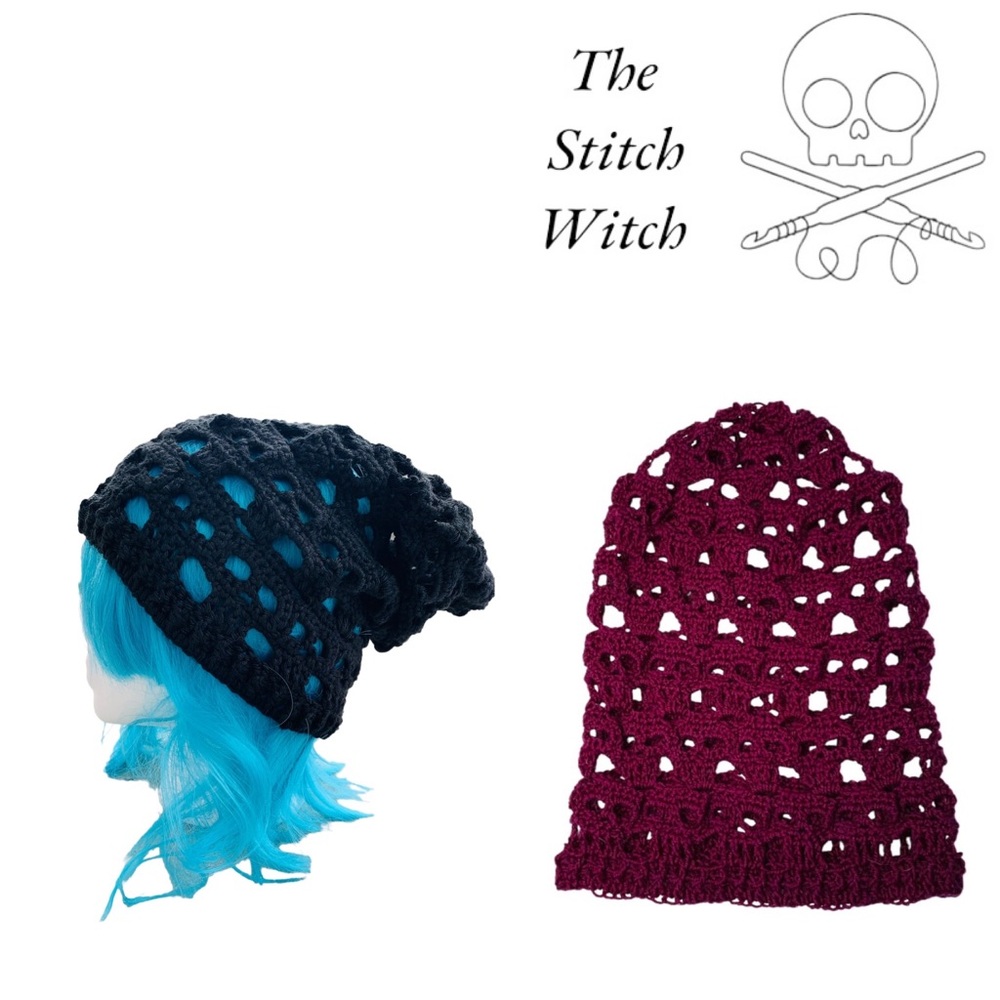 HAND CROCHETED Skull Motif Slouch Beanie Blood Red